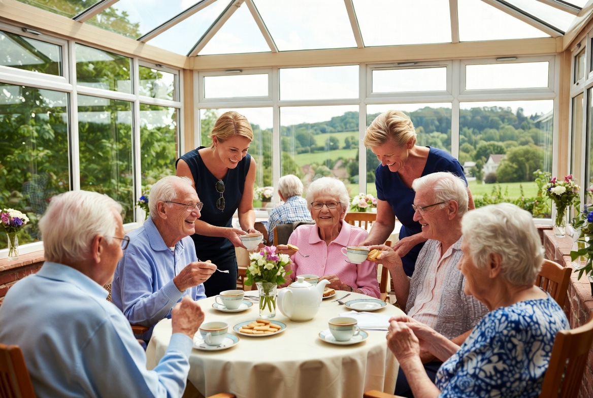 Residents enjoying afternoon tea with care staff in the conservatory